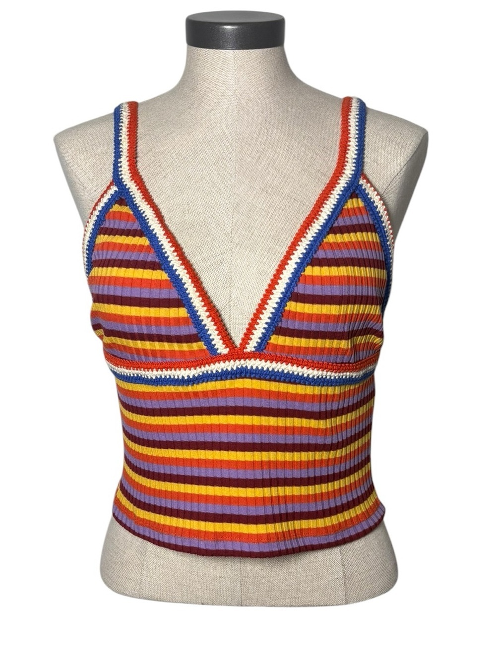 Zara Knit Stripe Crochet Trim Tank Top Large Festival Boho Vacation